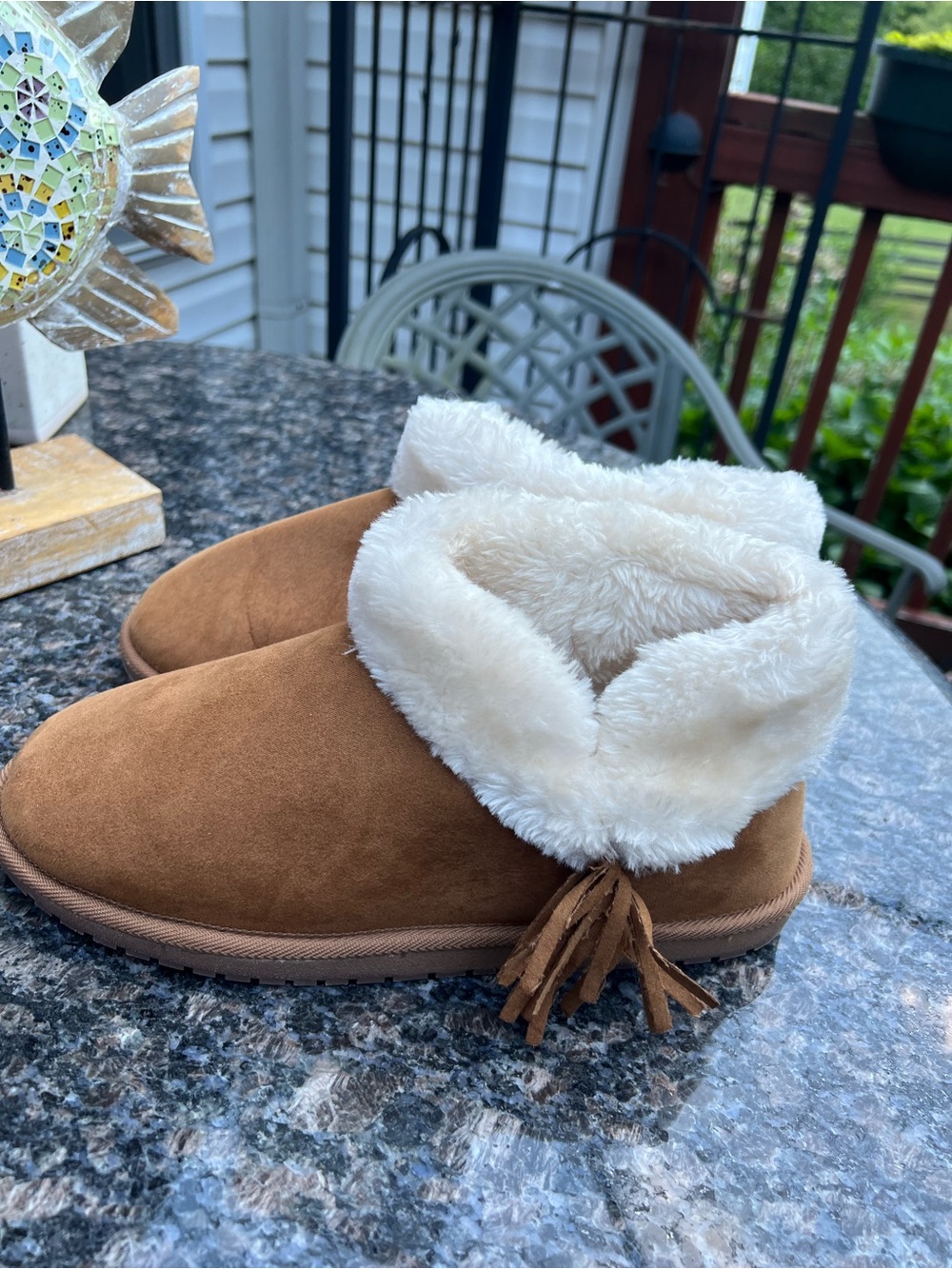 Women’s Faux-Suede Ankle Booties with Plush Cream Collar - Brown